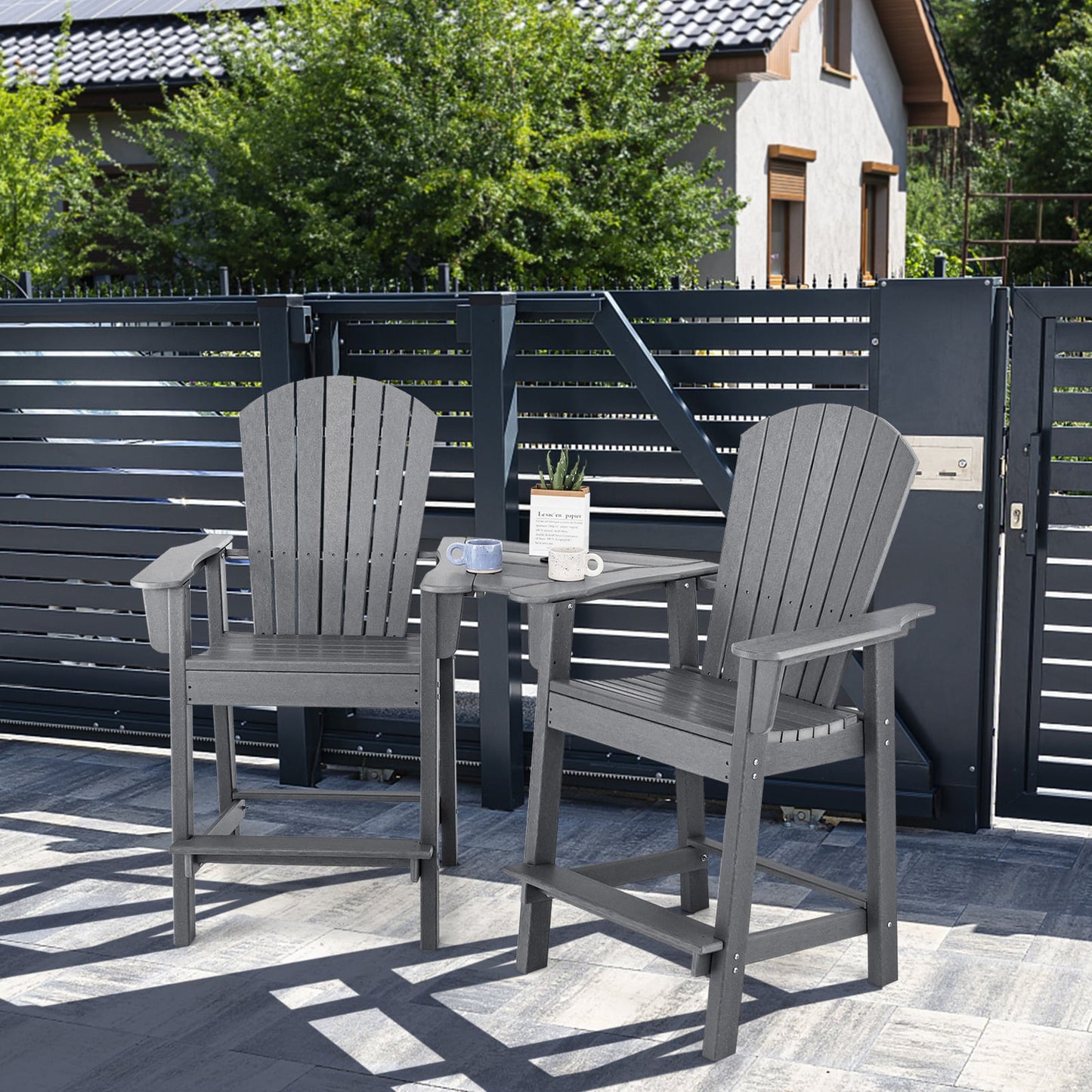 Tall Adirondack Chair Set of 2 with Middle Connecting Tray-Grey