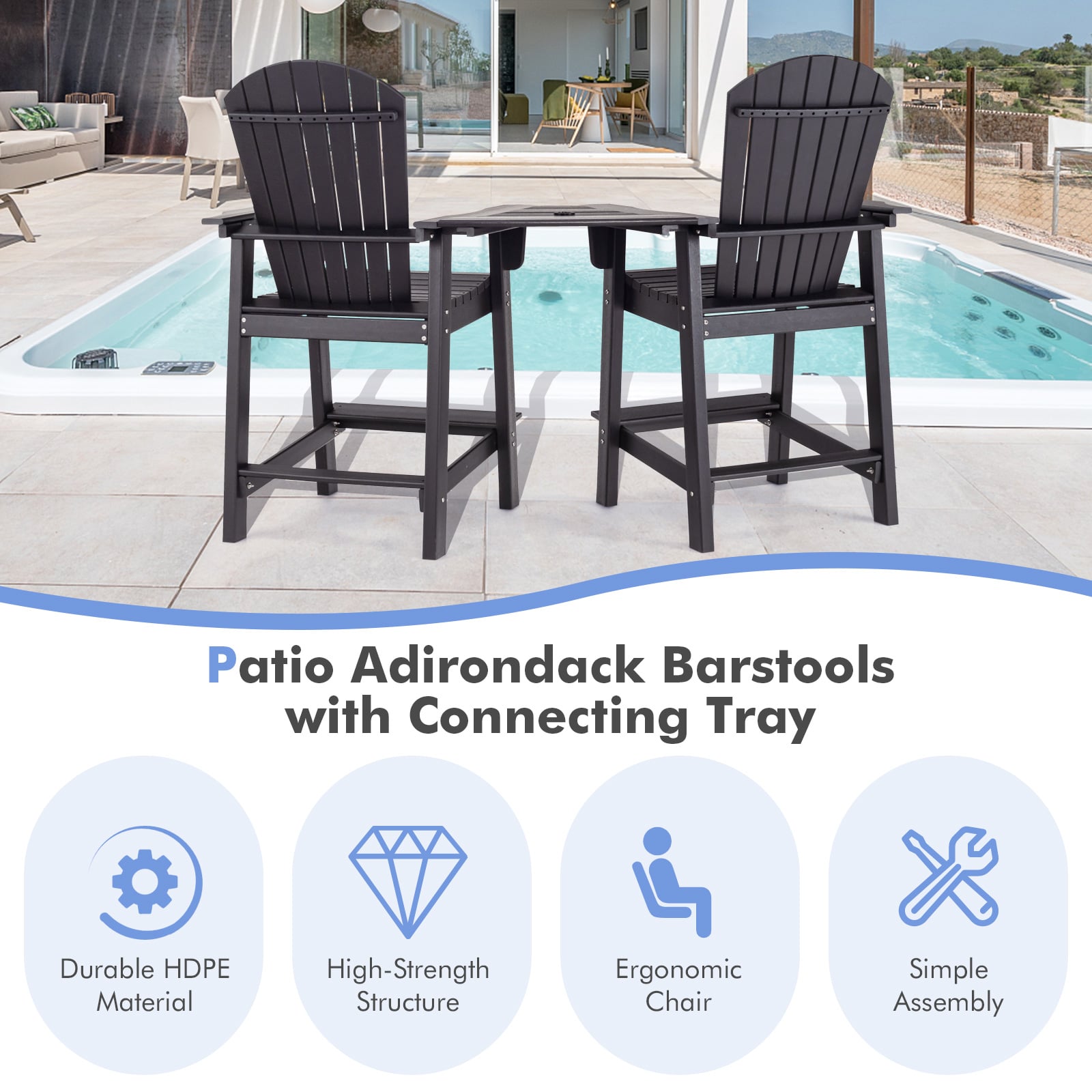 Tall Adirondack Chair Set of 2 with Middle Connecting Tray-Black