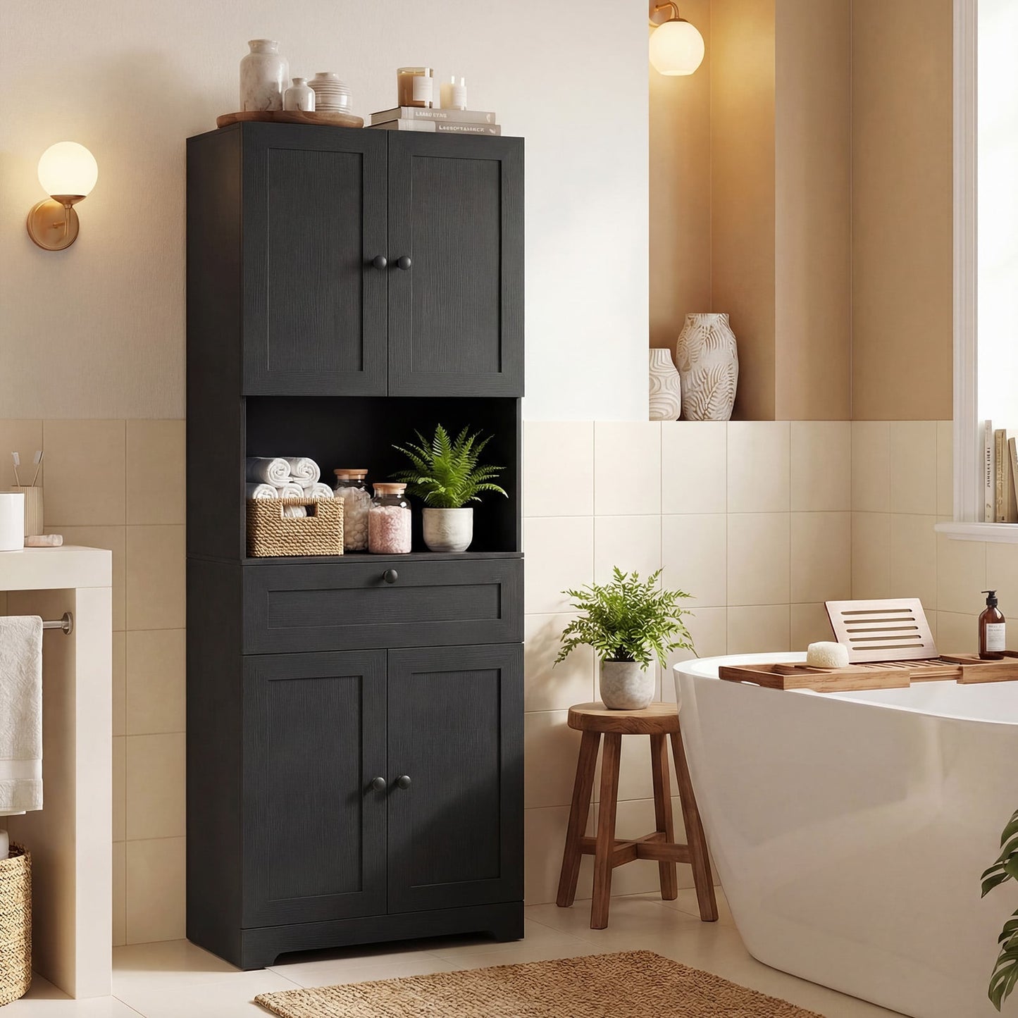 Tall Bathroom Cabinet Freestanding Storage Cabinet with 4 Doors and 1 Drawer-Black