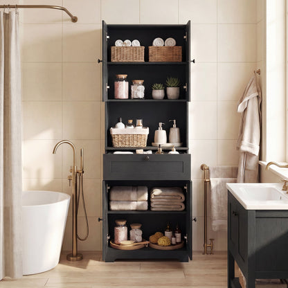 Tall Bathroom Cabinet Freestanding Storage Cabinet with 4 Doors and 1 Drawer-Black