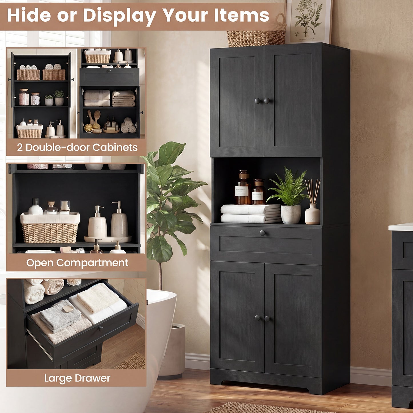 Tall Bathroom Cabinet Freestanding Storage Cabinet with 4 Doors and 1 Drawer-Black