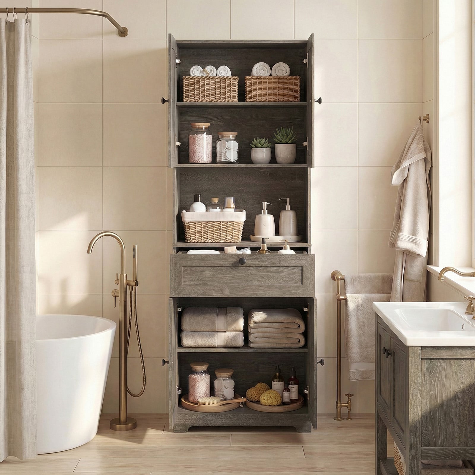 Tall Bathroom Cabinet Freestanding Storage Cabinet with 4 Doors and 1 Drawer-Grey