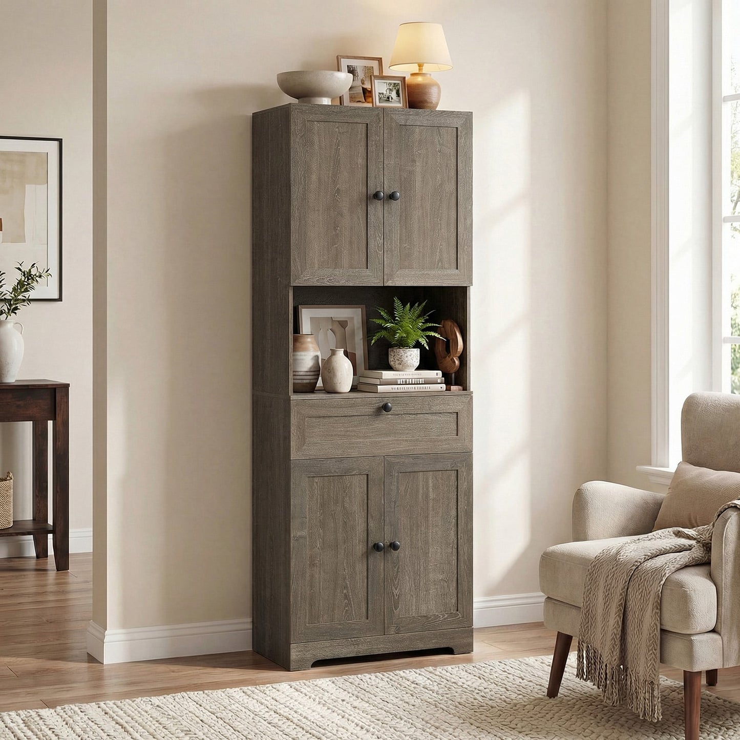 Tall Bathroom Cabinet Freestanding Storage Cabinet with 4 Doors and 1 Drawer-Grey