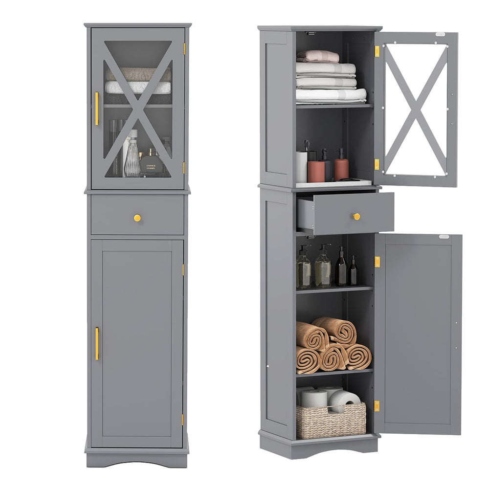 Tall Bathroom Cabinet with Drawer 2 Doors and 3 Adjustable Shelves-Grey