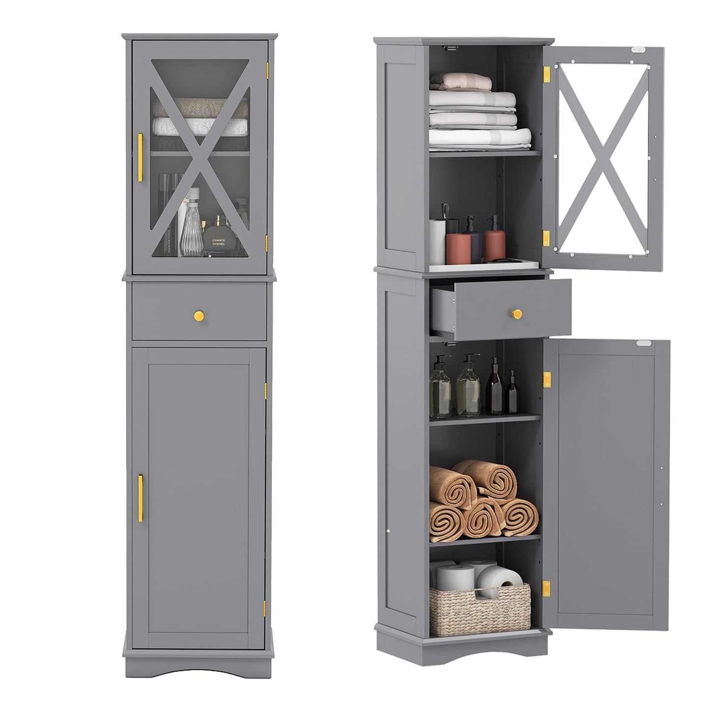 Tall Bathroom Cabinet with Drawer 2 Doors and 3 Adjustable Shelves-Grey