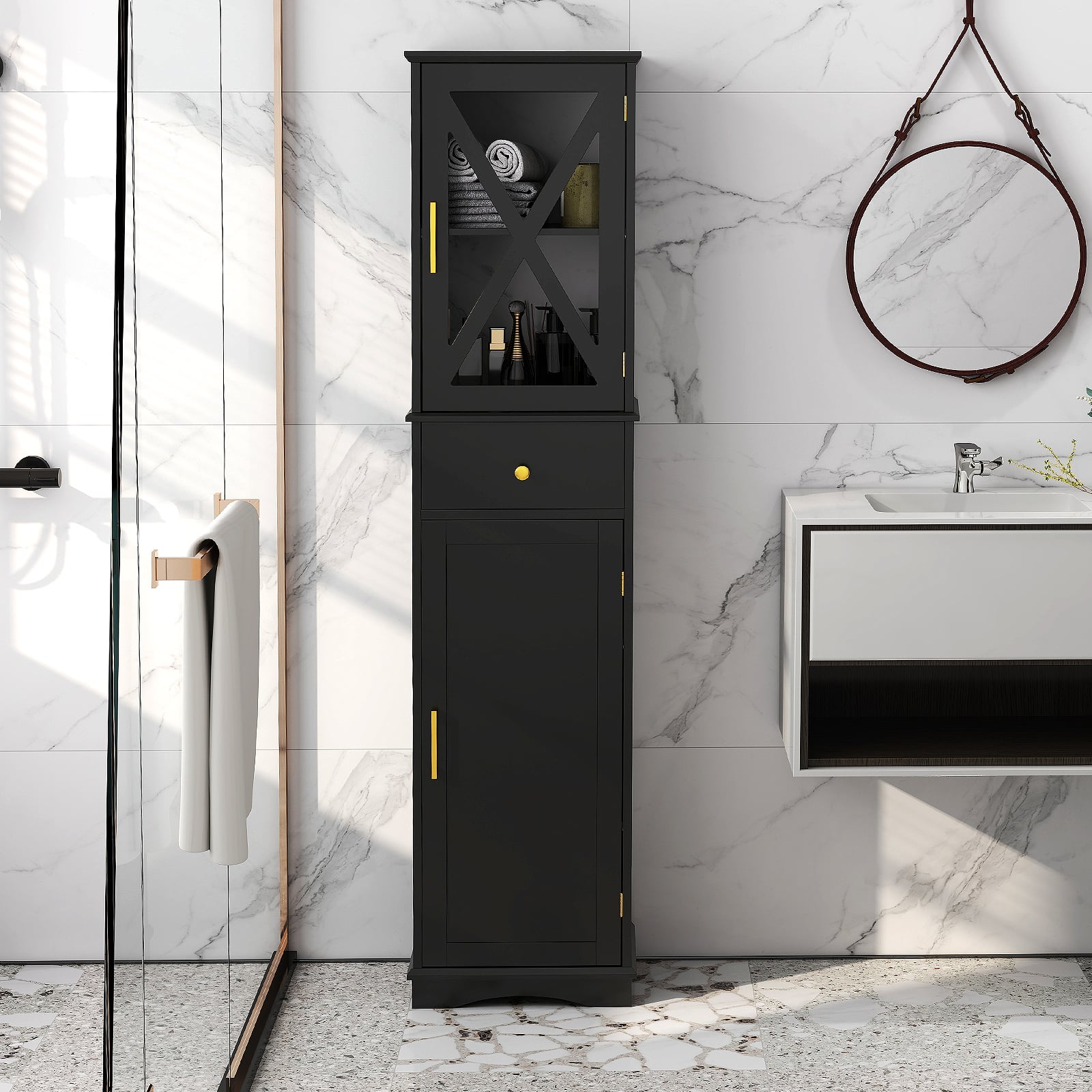 Tall Bathroom Cabinet with Drawer 2 Doors and 3 Adjustable Shelves-Black