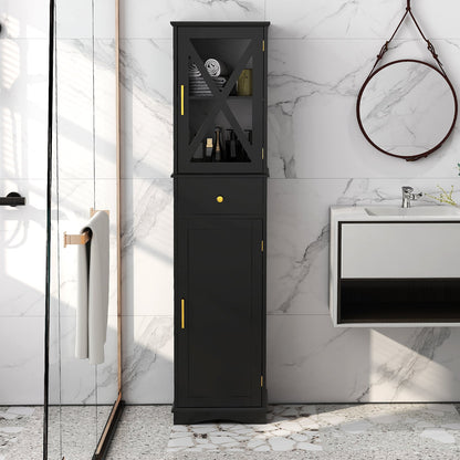 Tall Bathroom Cabinet with Drawer 2 Doors and 3 Adjustable Shelves-Black