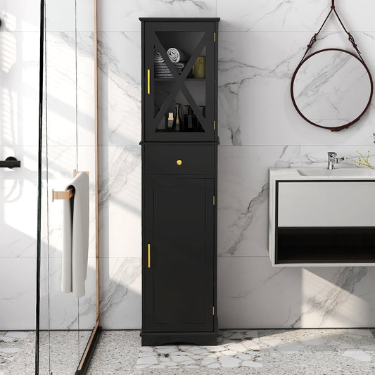 Tall Bathroom Cabinet with Drawer 2 Doors and 3 Adjustable Shelves-Black