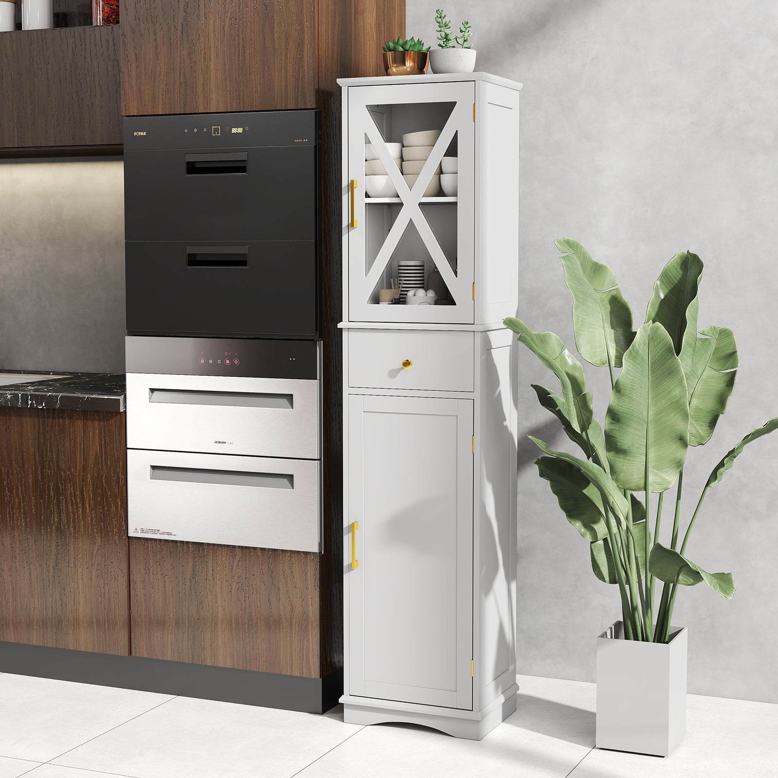 Tall Bathroom Cabinet with Drawer 2 Doors and 3 Adjustable Shelves-White