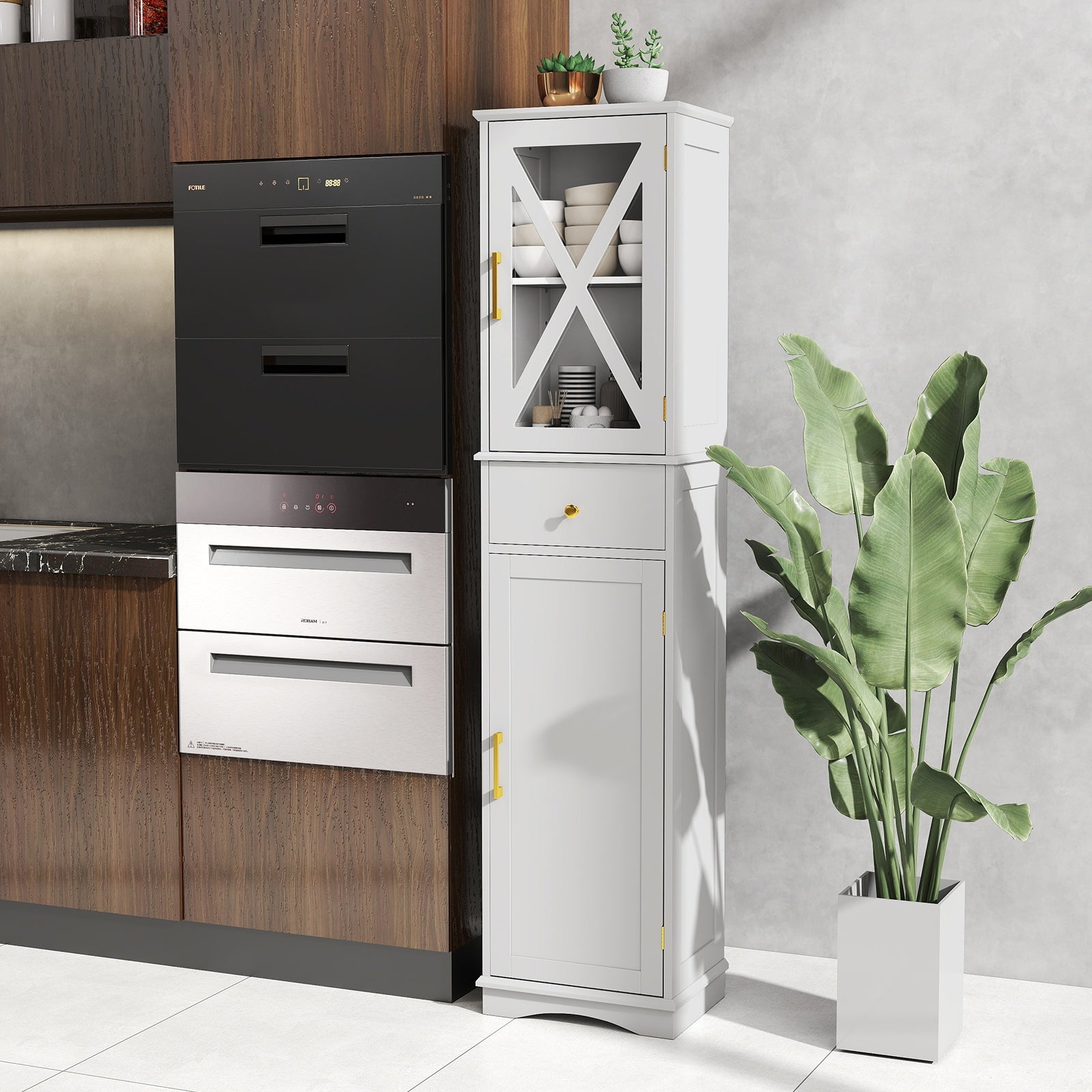 Tall Bathroom Cabinet with Drawer 2 Doors and 3 Adjustable Shelves-White