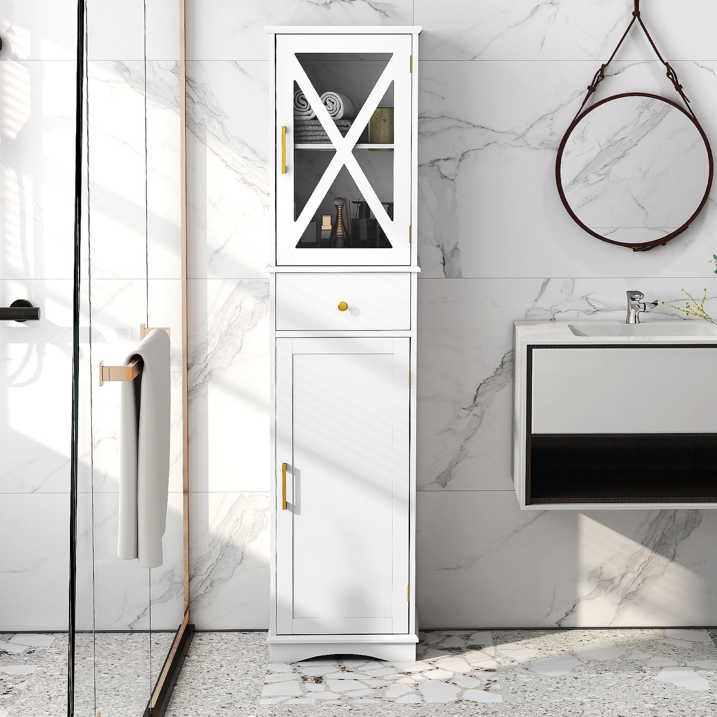 Tall Bathroom Cabinet with Drawer 2 Doors and 3 Adjustable Shelves-White