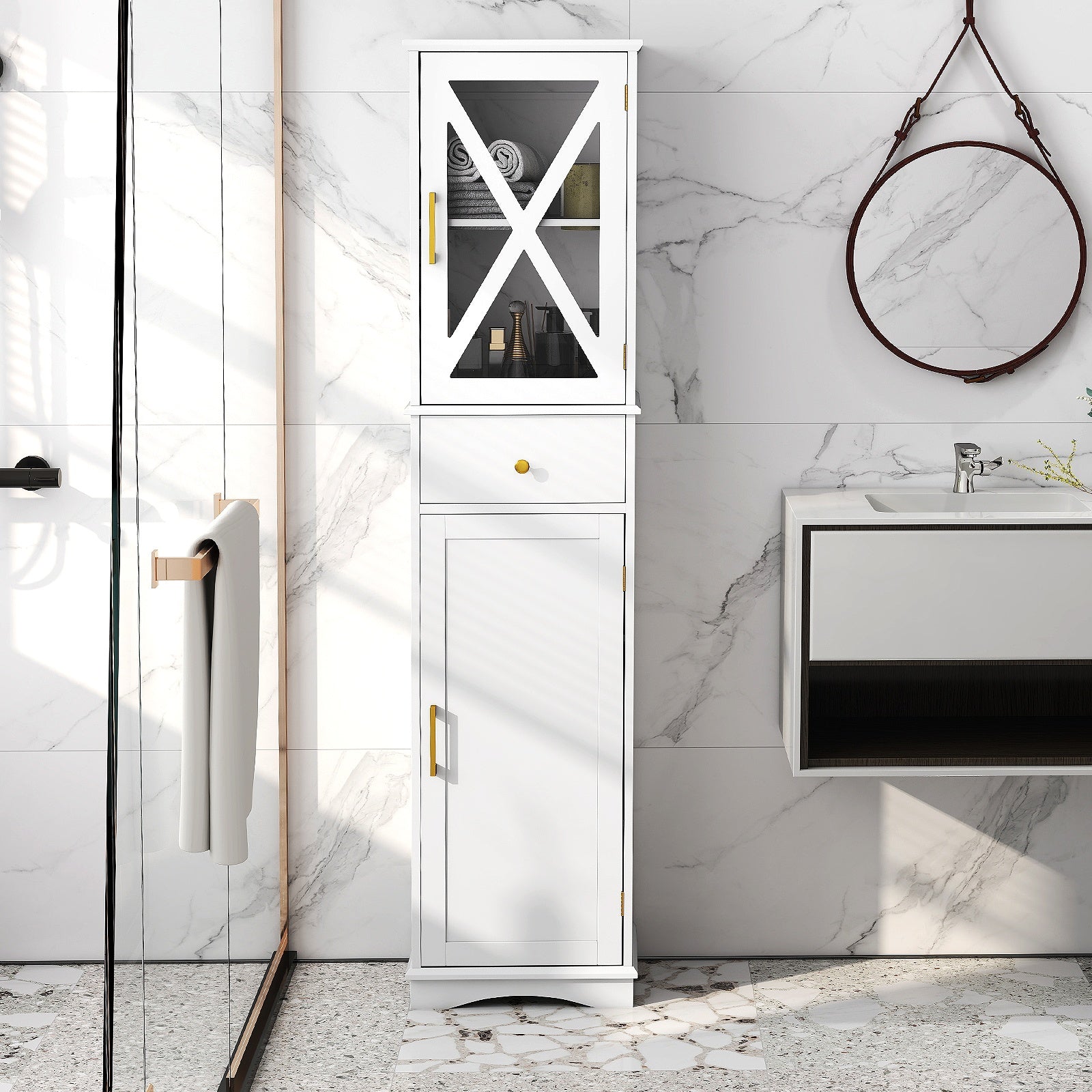 Tall Bathroom Cabinet with Drawer 2 Doors and 3 Adjustable Shelves-White