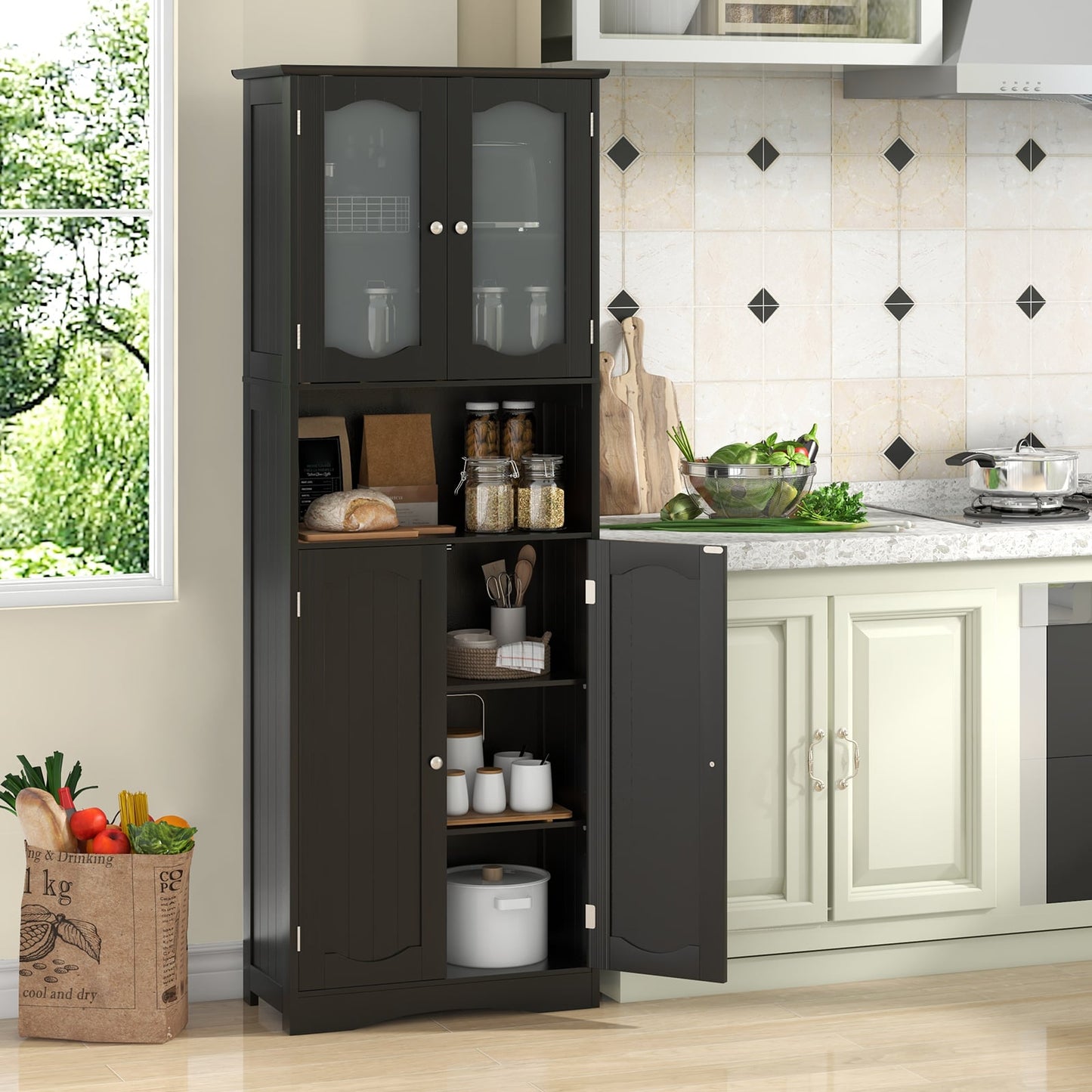 Tempered Glass Door Pantry Cabinet with 3-Position Adjustable Shelves-Black