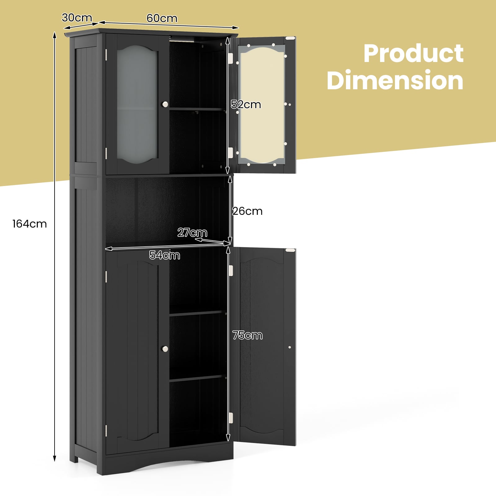 Tempered Glass Door Pantry Cabinet with 3-Position Adjustable Shelves-Black