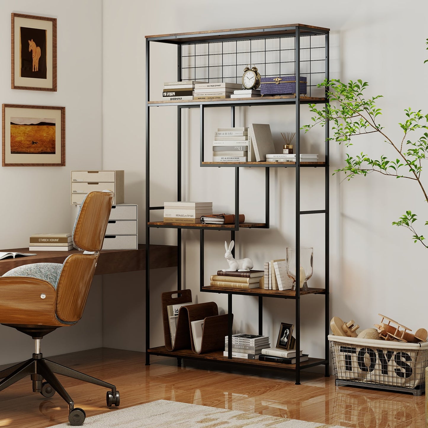 6-tier Tall Bookshelf with Metal Net for Living Room-Rustic Brown