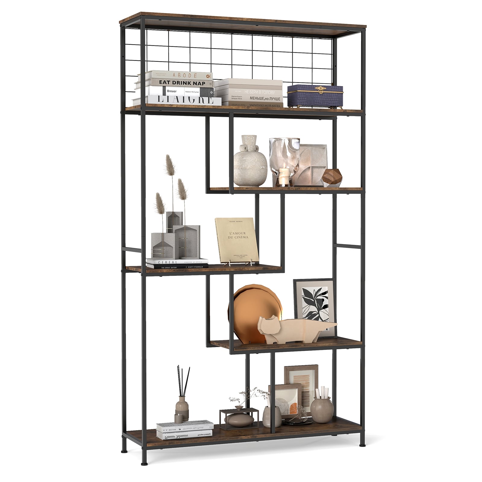 6-tier Tall Bookshelf with Metal Net for Living Room-Rustic Brown