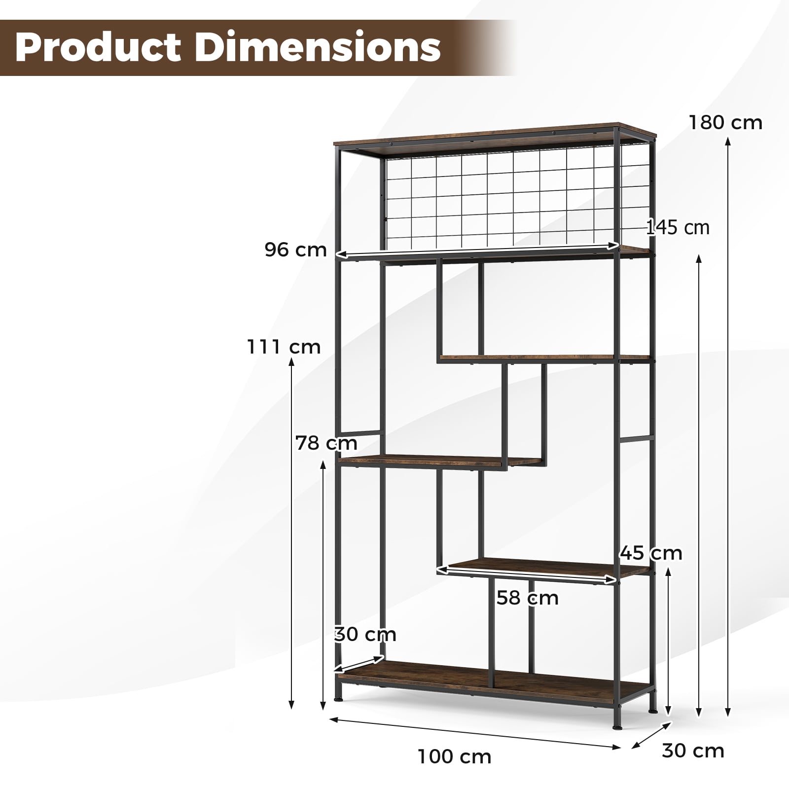 6-tier Tall Bookshelf with Metal Net for Living Room-Rustic Brown