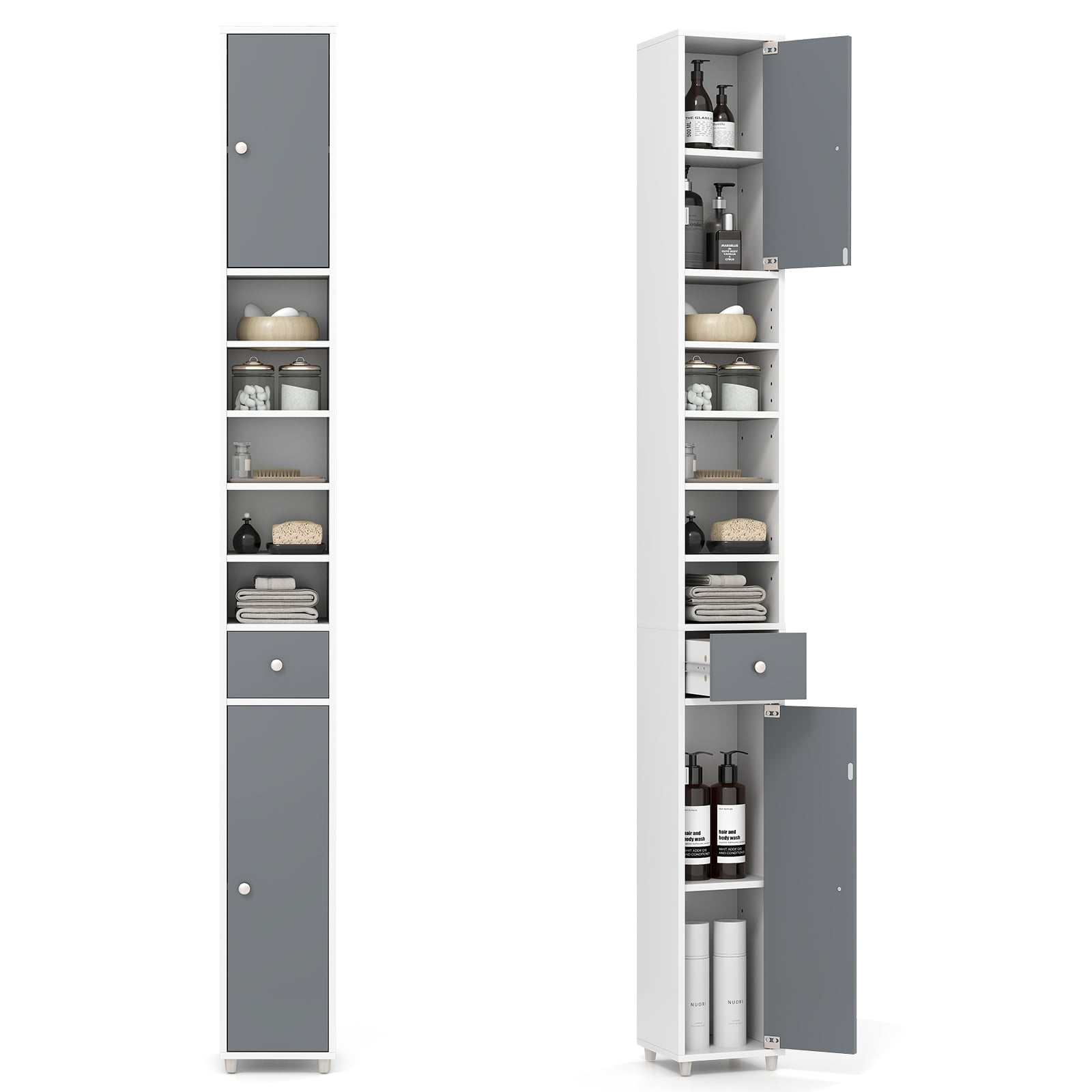 180CM Tall Freestanding Bathroom Cabinet with 2 Doors and 1 Drawer-Gray & White