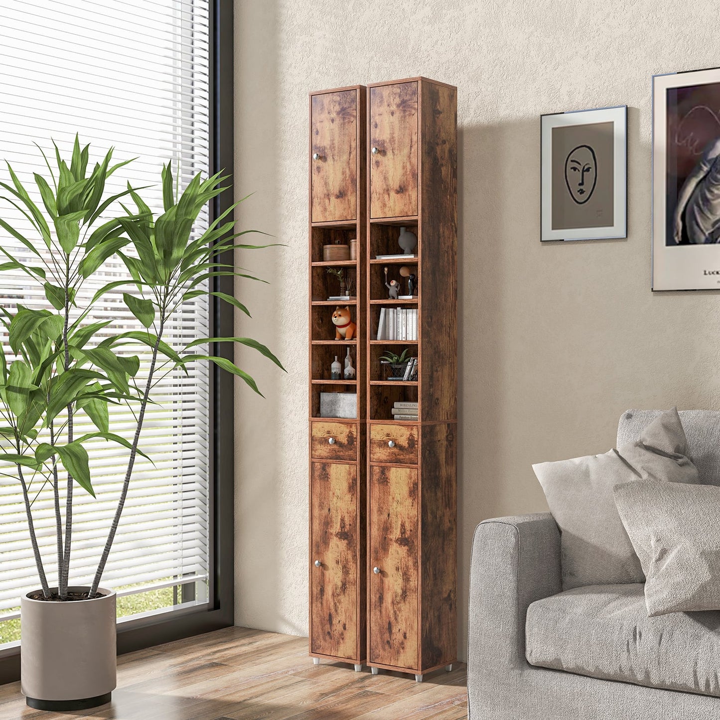 180CM Tall Freestanding Bathroom Cabinet with 2 Doors and 1 Drawer-Rustic Brown