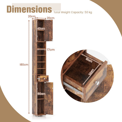 180CM Tall Freestanding Bathroom Cabinet with 2 Doors and 1 Drawer-Rustic Brown