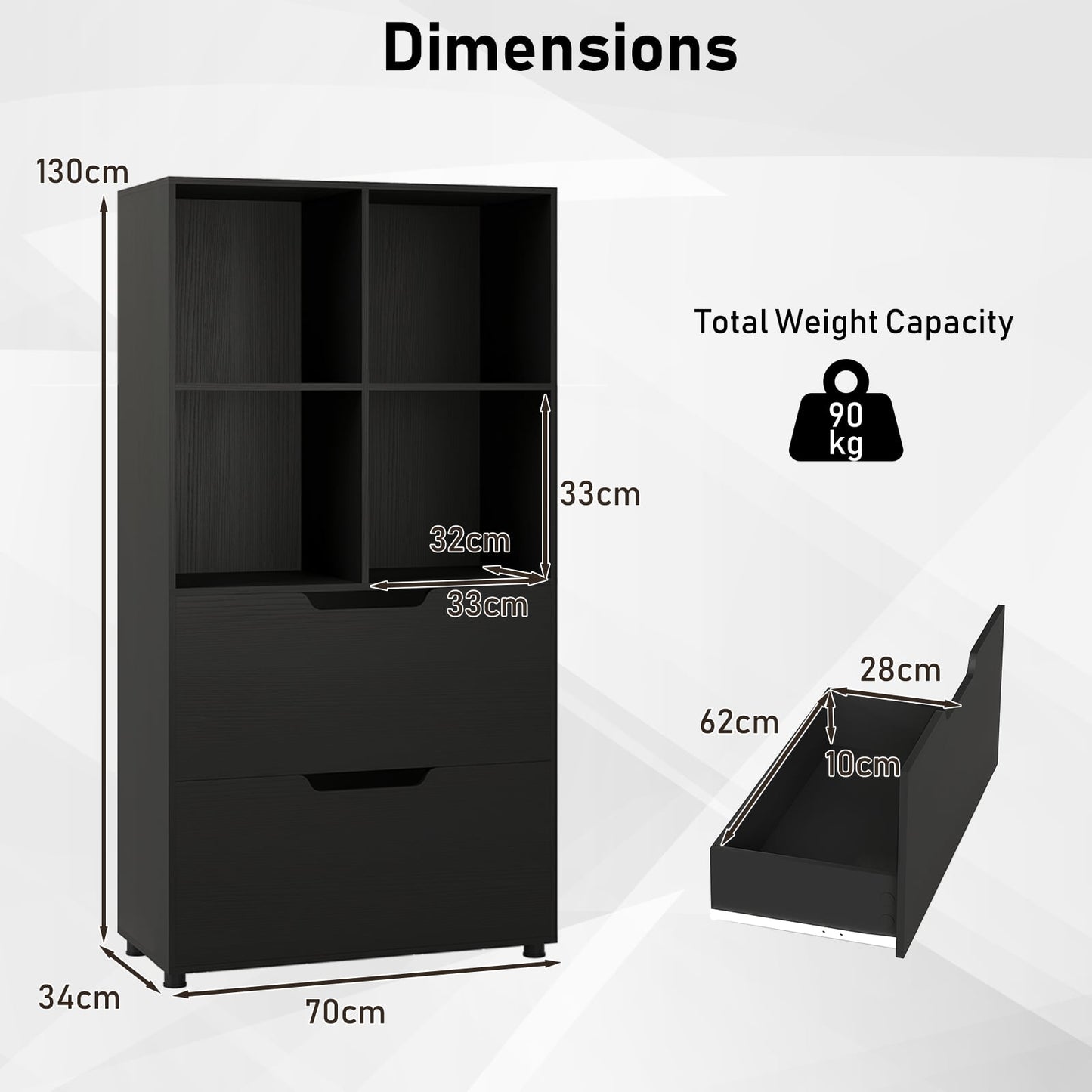 130CM 5-Tier Tall Freestanding Bookshelf for Living Room-Black