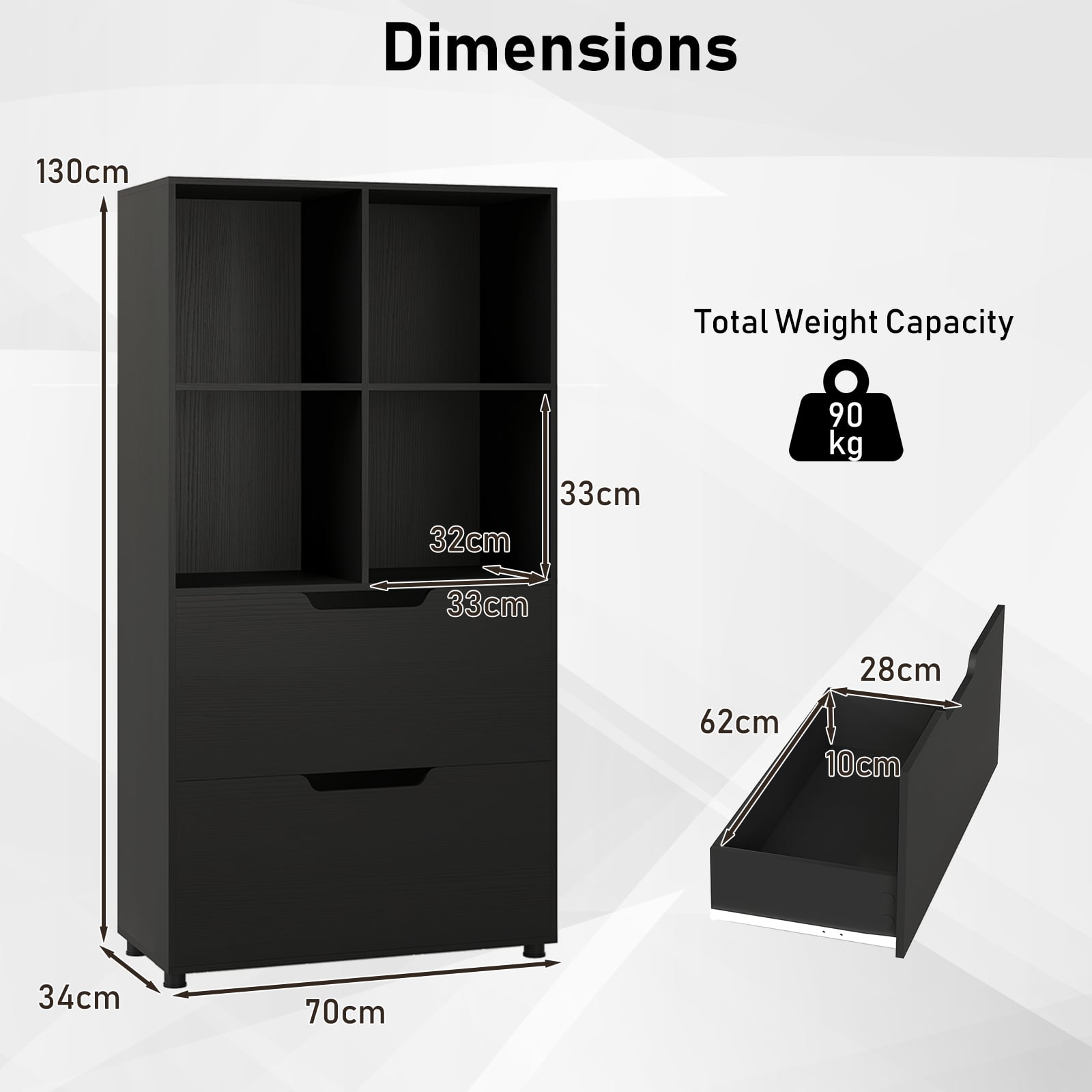 130CM 5-Tier Tall Freestanding Bookshelf for Living Room-Black