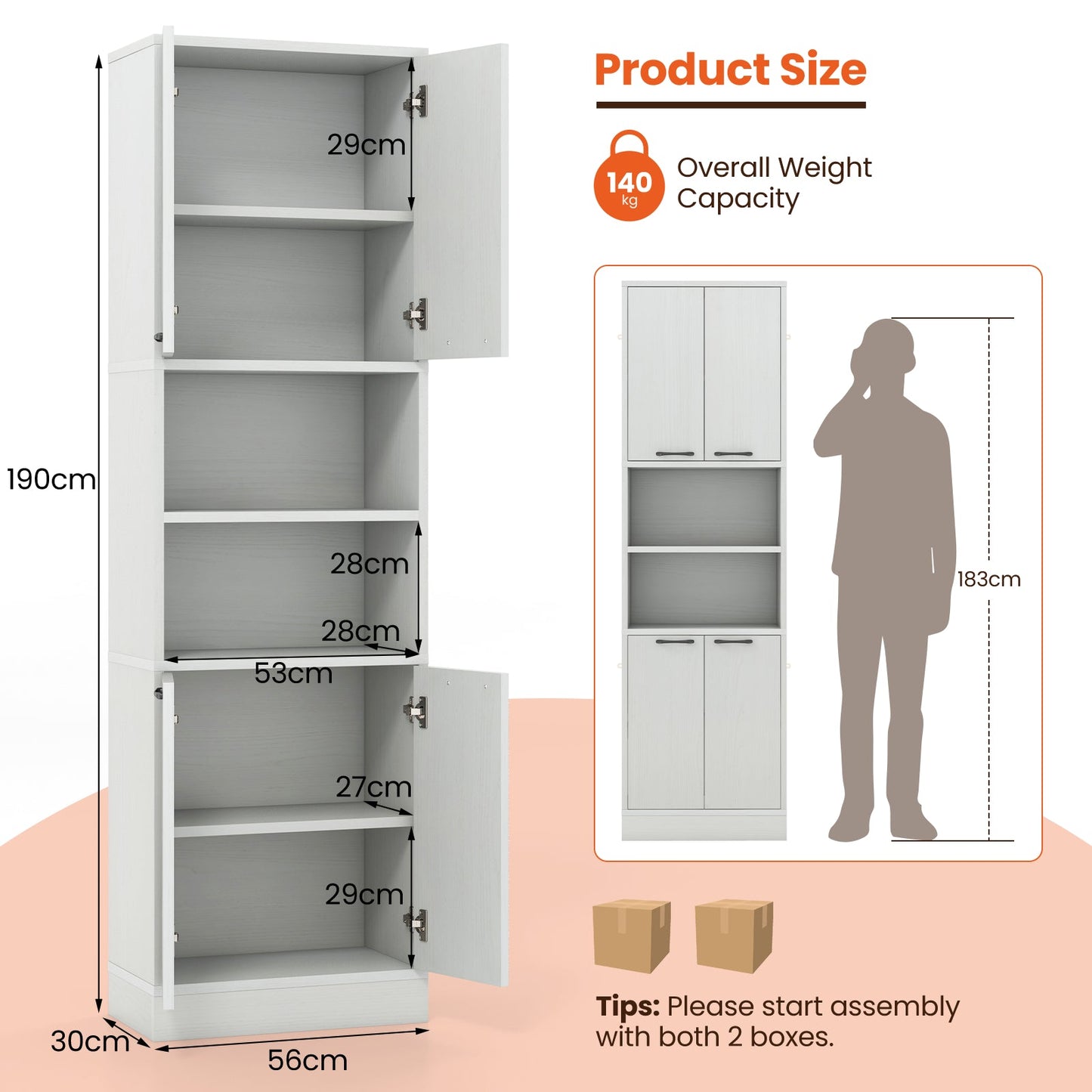 190cm Tall Freestanding Cupboard with Doors and Shelves-White Oak