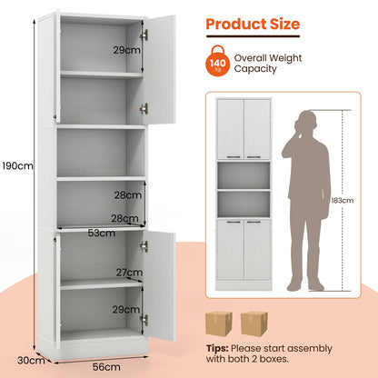190cm Tall Freestanding Cupboard with Doors and Shelves-White Oak