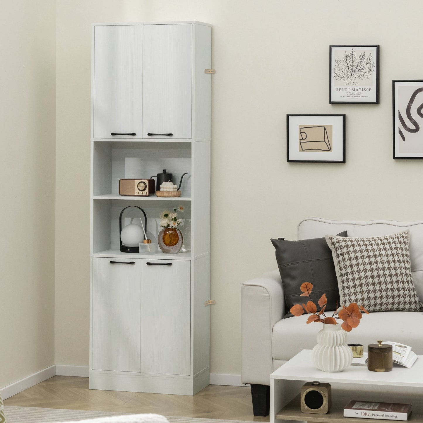 190cm Tall Freestanding Cupboard with Doors and Shelves-White Oak