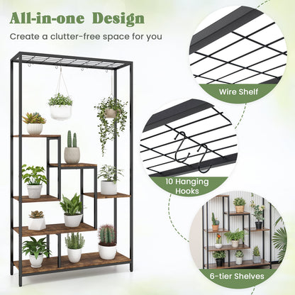 6-tier Tall Plant Stand with 10 Hanging Hooks and Wire Shelf for Multiple Plants-Rustic Brown