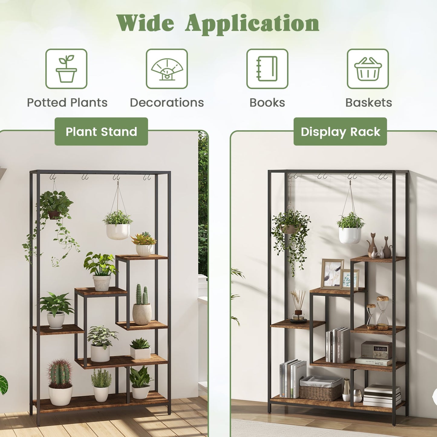 6-tier Tall Plant Stand with 10 Hanging Hooks and Wire Shelf for Multiple Plants-Rustic Brown