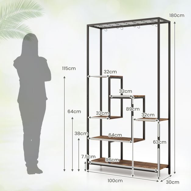 6-Tier Tall Plant Stand 71" Metal Indoor Plant Shelf with 10 Hanging Hooks-Rustic Brown