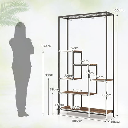 6-Tier Tall Plant Stand 71" Metal Indoor Plant Shelf with 10 Hanging Hooks-Rustic Brown