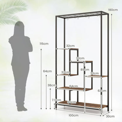 6-Tier Tall Plant Stand 71" Metal Indoor Plant Shelf with 10 Hanging Hooks-Rustic Brown