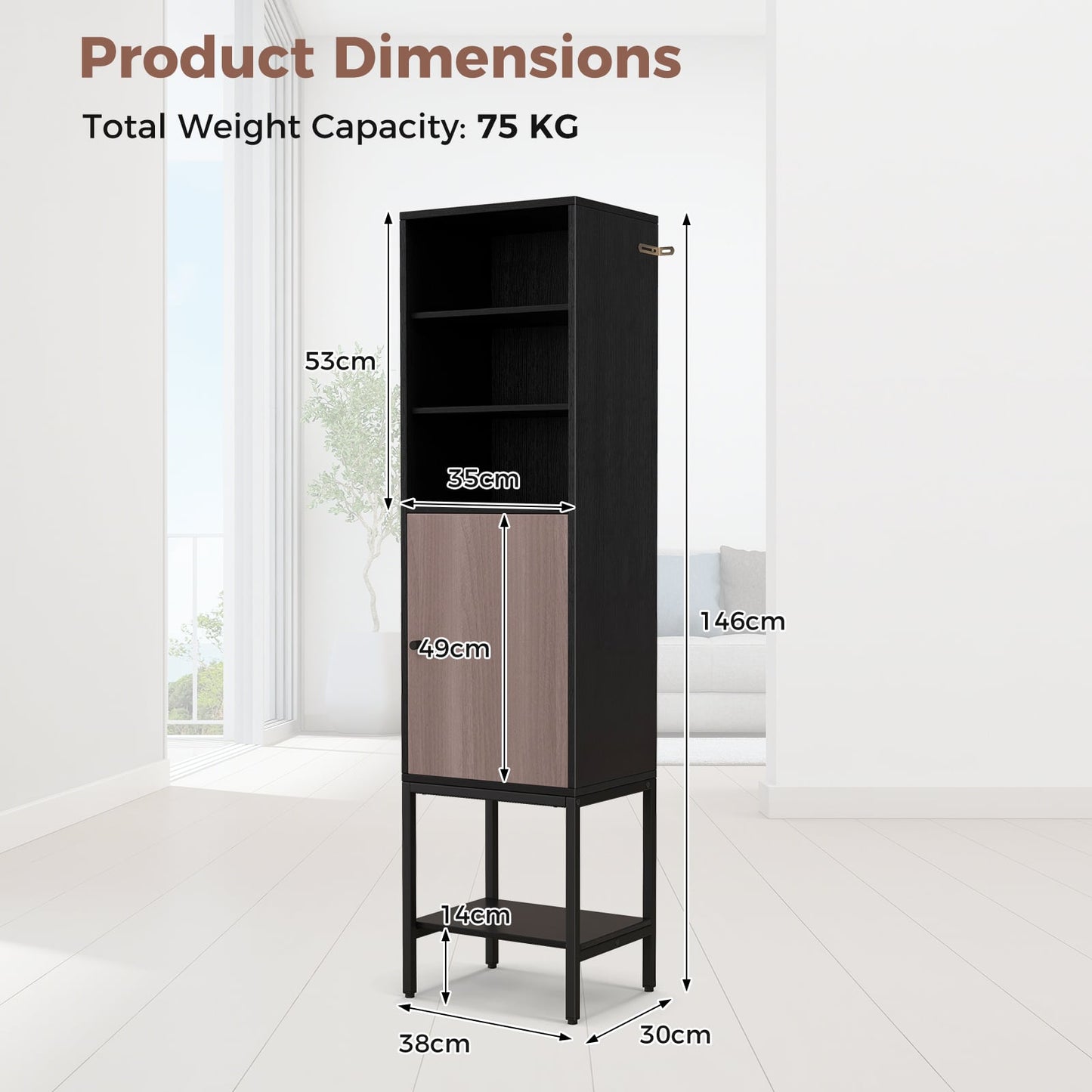Tall Storage Cabinet with Adjustable Shelf and Bottom Storage-Black