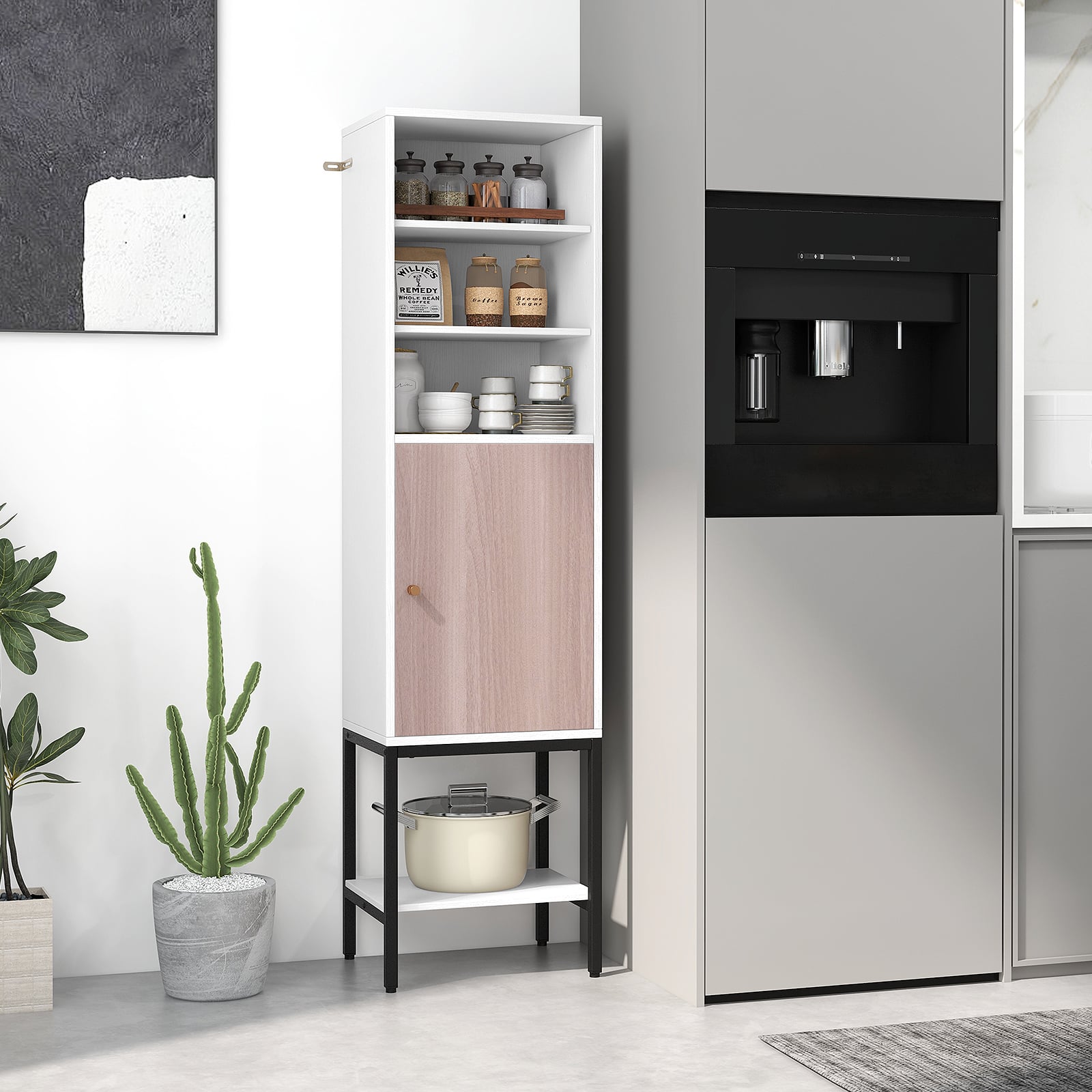 Tall Storage Cabinet with Adjustable Shelf and Bottom Storage-White
