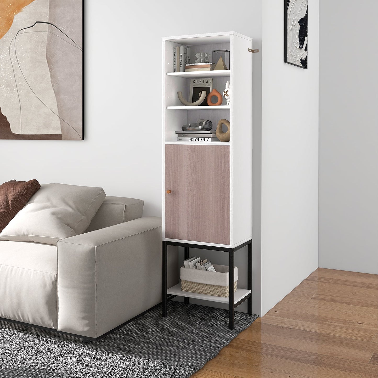 Tall Storage Cabinet with Adjustable Shelf and Bottom Storage-White