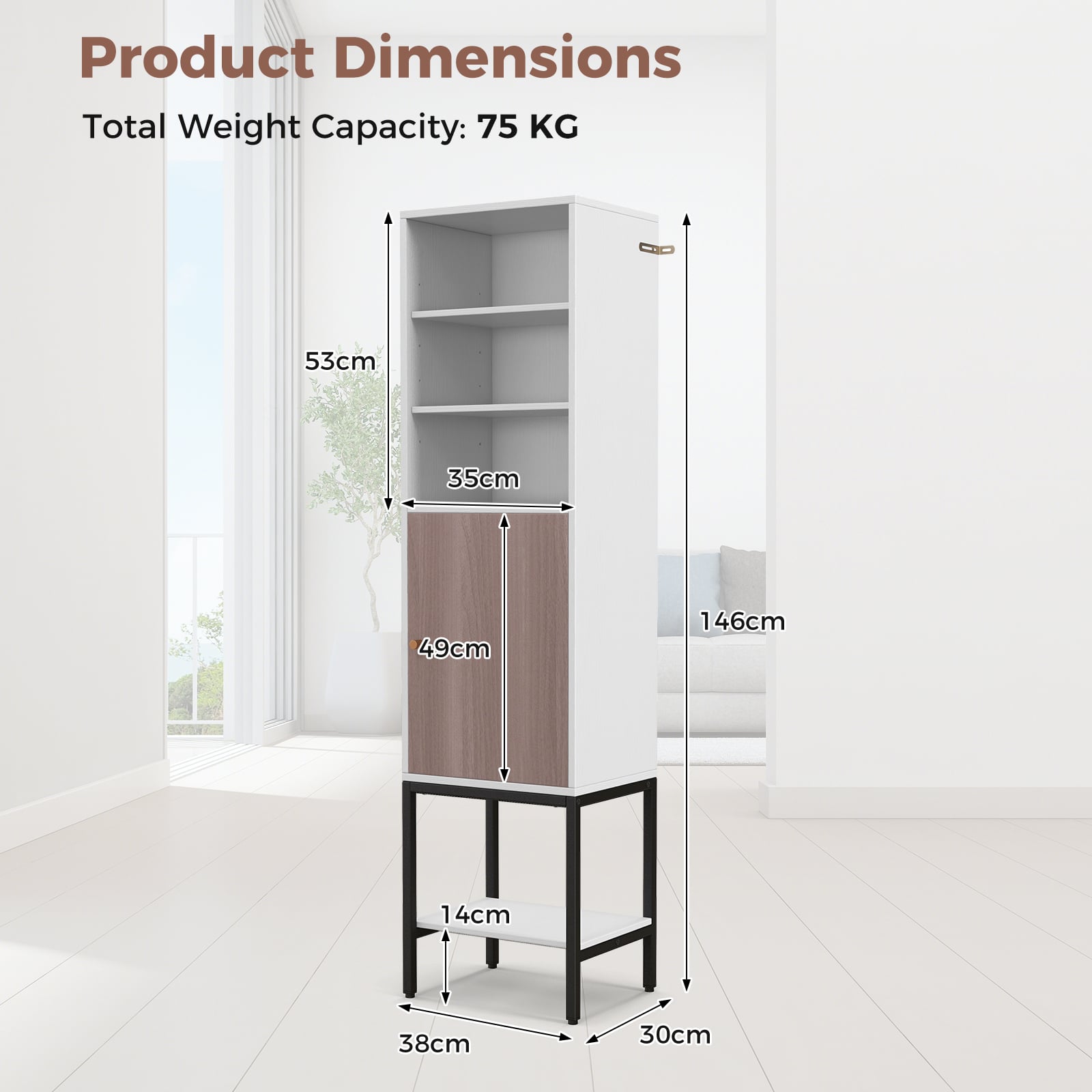 Tall Storage Cabinet with Adjustable Shelf and Bottom Storage-White