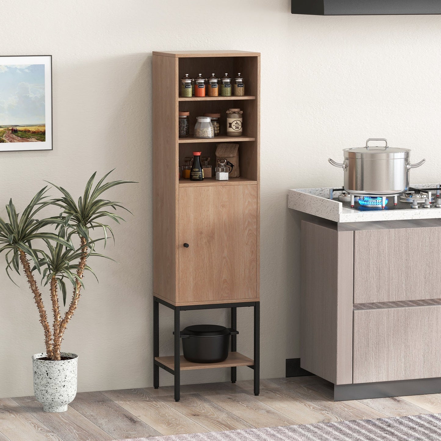 Tall Storage Cabinet with Adjustable Shelf and Bottom Storage-Natural