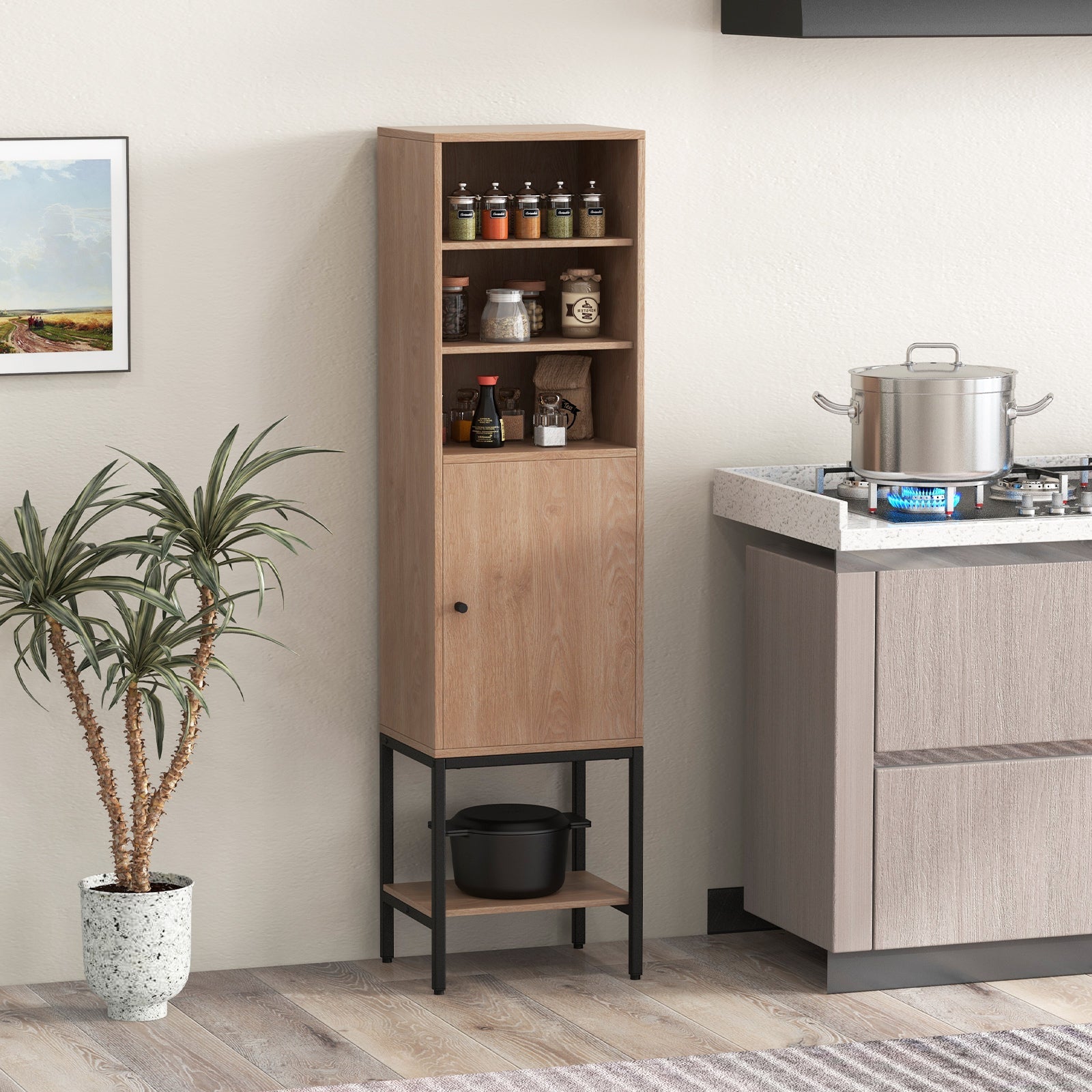 Tall Storage Cabinet with Adjustable Shelf and Bottom Storage-Natural