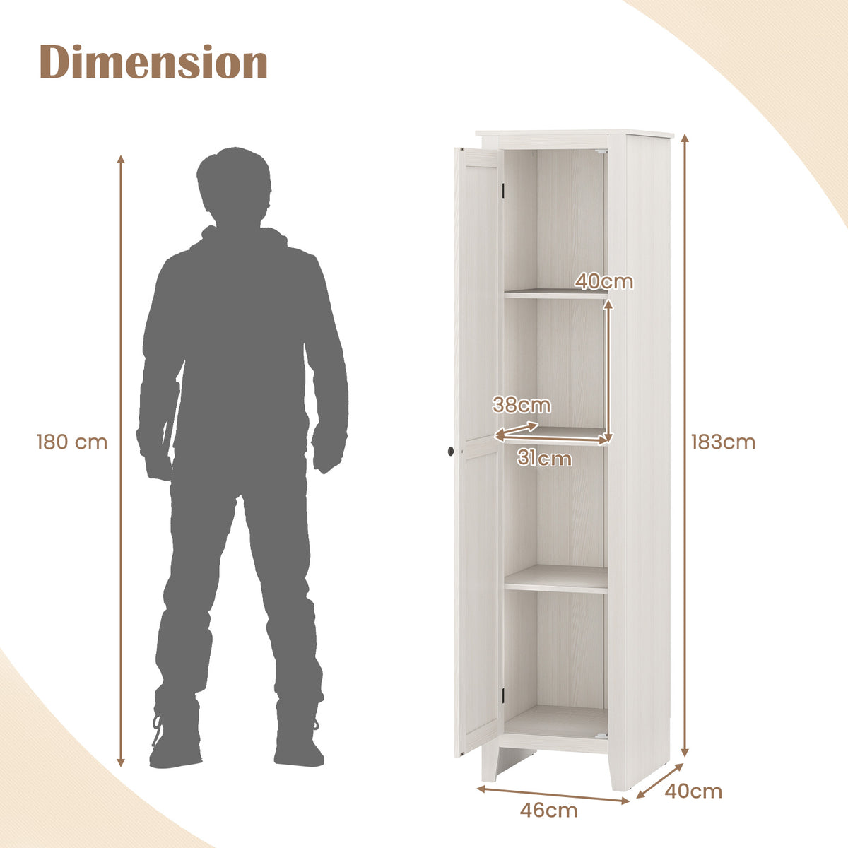 Tall Storage Cabinet with Four Shelves and Single Door-White