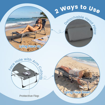 Tanning Chair with Face Arm Holes and 4-Level Backrest with Head Pillow-Grey