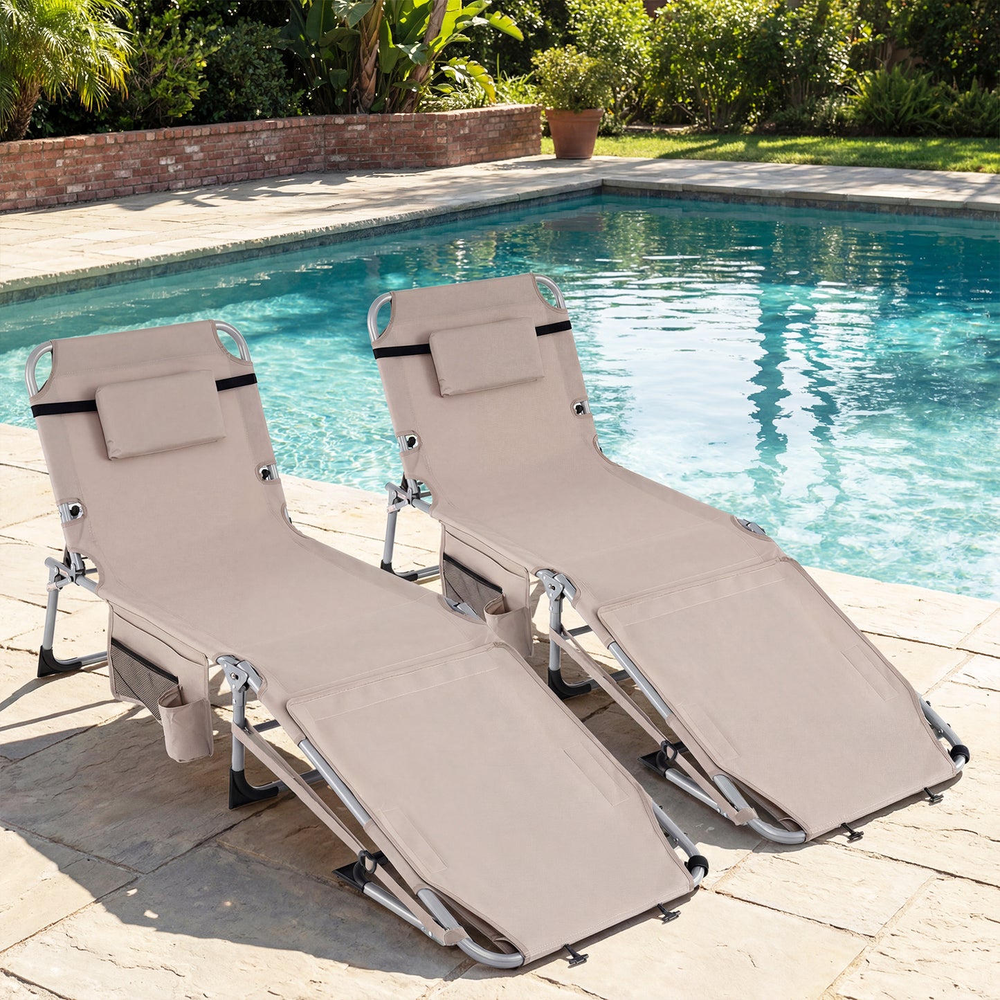 Tanning Chair with Face Arm Holes and 4-Level Backrest with Head Pillow-Sand