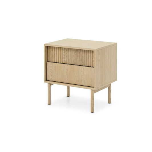 Beige nightstand with a textured finish on a white background