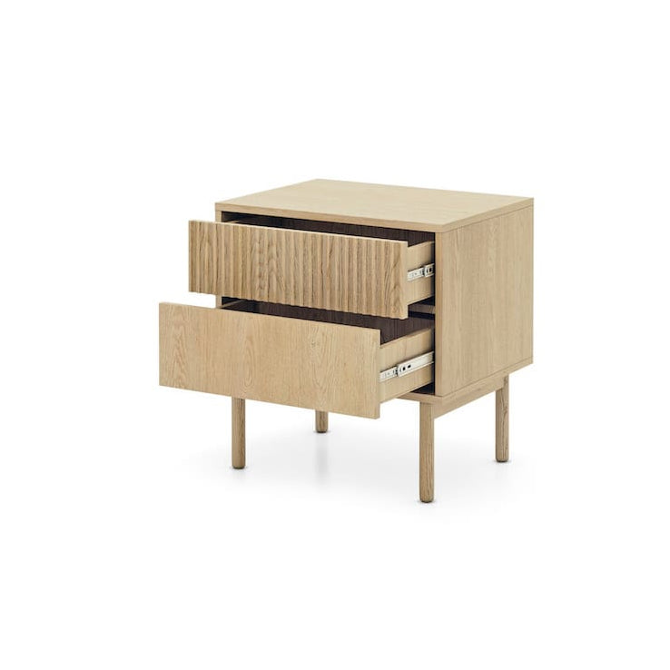 Beige nightstand with two drawers on a white background