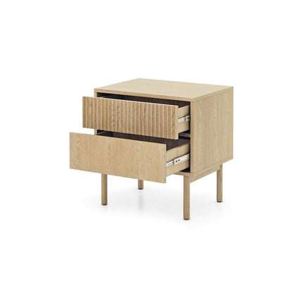 Beige nightstand with two drawers on a white background