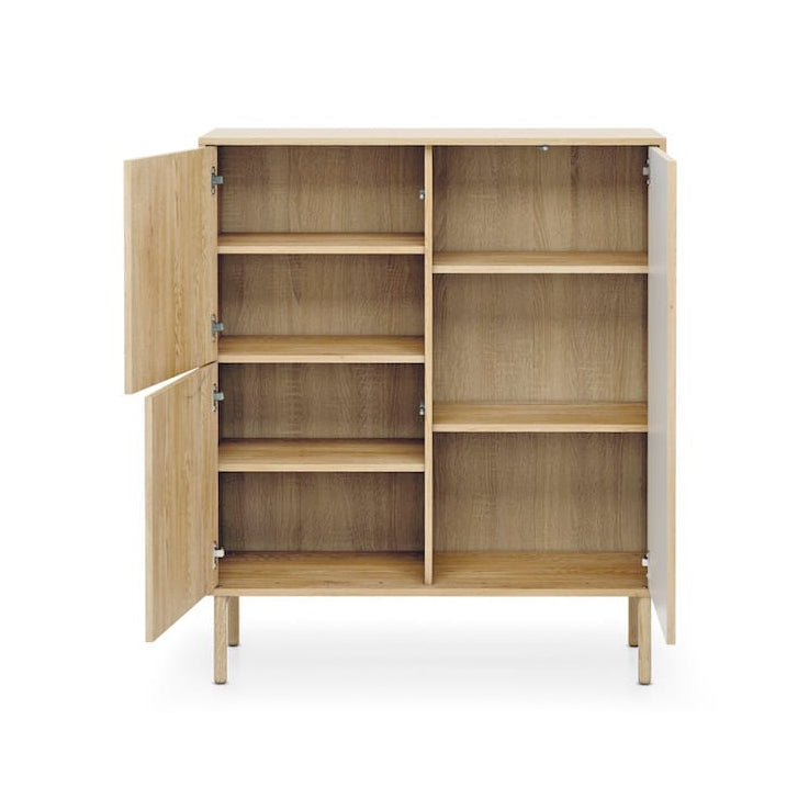 Wooden cabinet with open doors on a white background