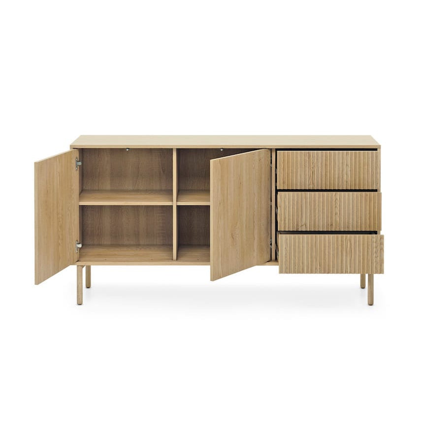 Wooden cabinet with open doors on a white background