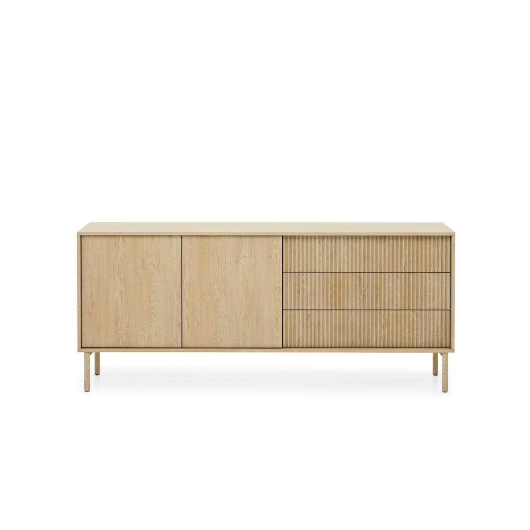 Wooden sideboard with a minimalist design on a white background