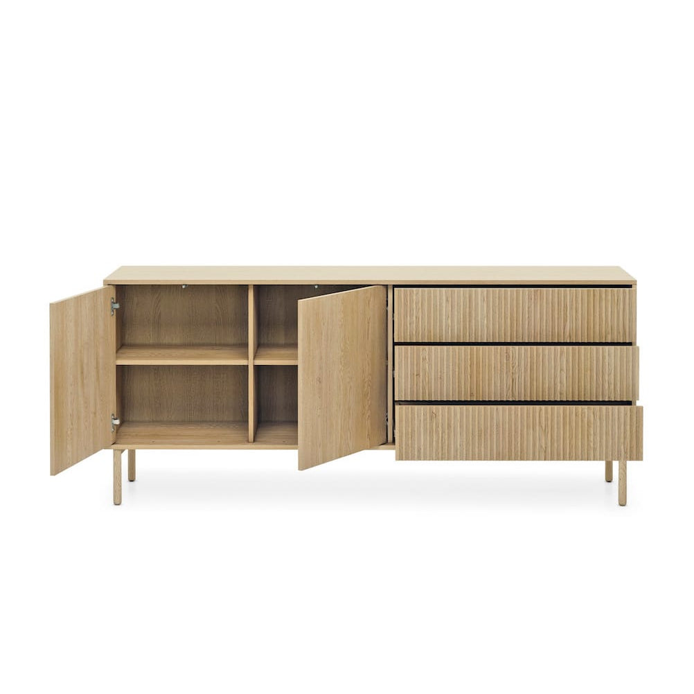 Wooden cabinet with open doors on a white background